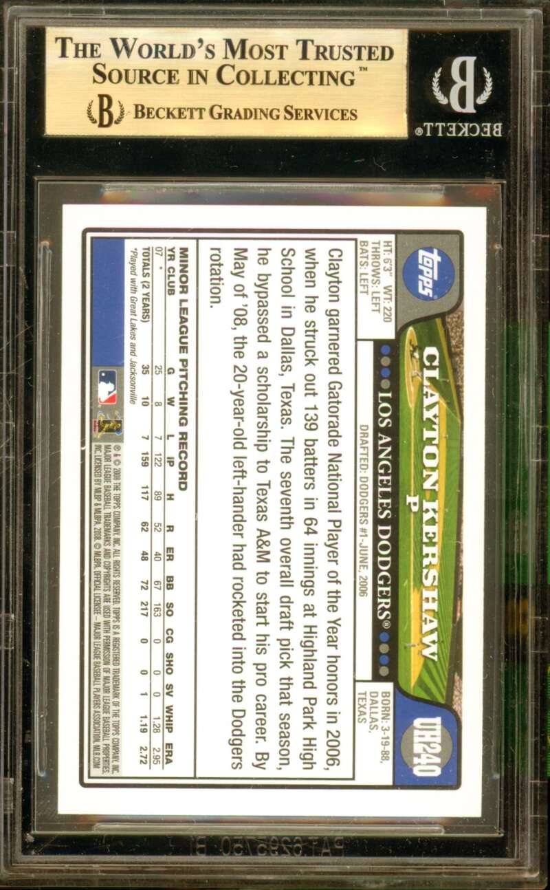 Clayton Kershaw Rookie Card 2008 Topps Update UH240 BGS 9.5 Image 2