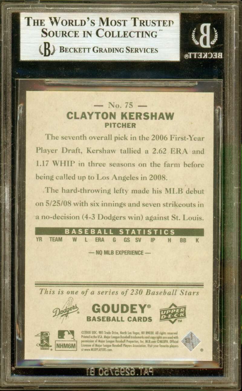 Clayton Kershaw Rookie Card 2008 Upper Deck Goudey #75 BGS 9 Image 2