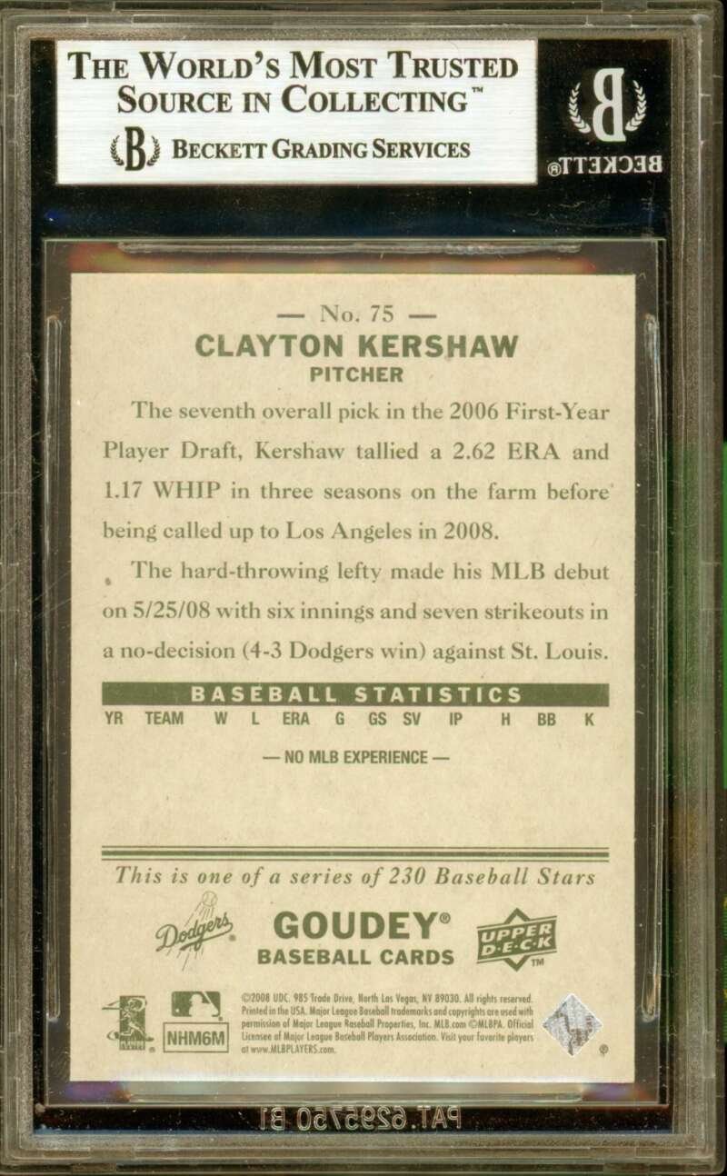 Clayton Kershaw Rookie Card 2008 Upper Deck Goudey #75 BGS 9 Image 2