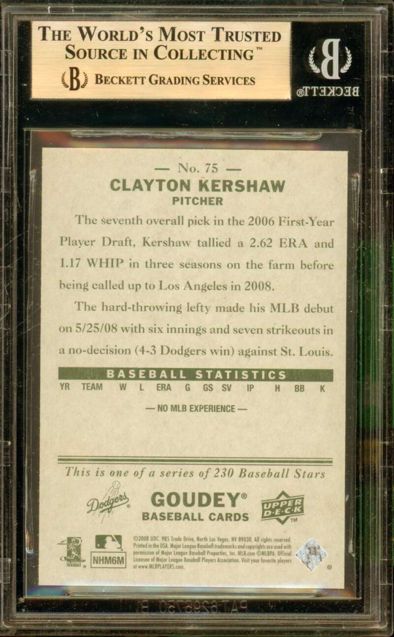 Clayton Kershaw Rookie Card 2008 Upper Deck Goudey #75 BGS 9.5 Image 2