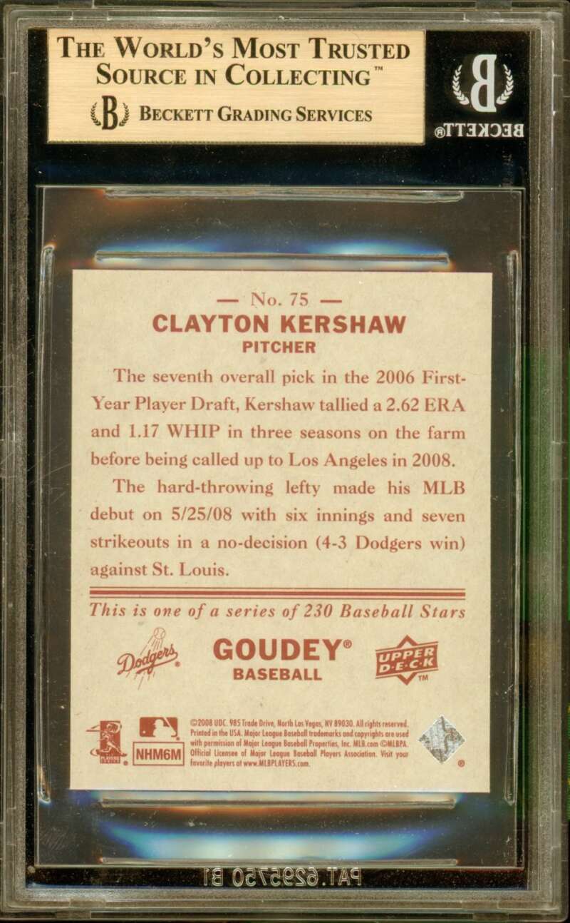 Clayton Kershaw Rookie Card 2008 Upper Deck Goudey Mini Red Backs #75 BGS 9.5 Image 2