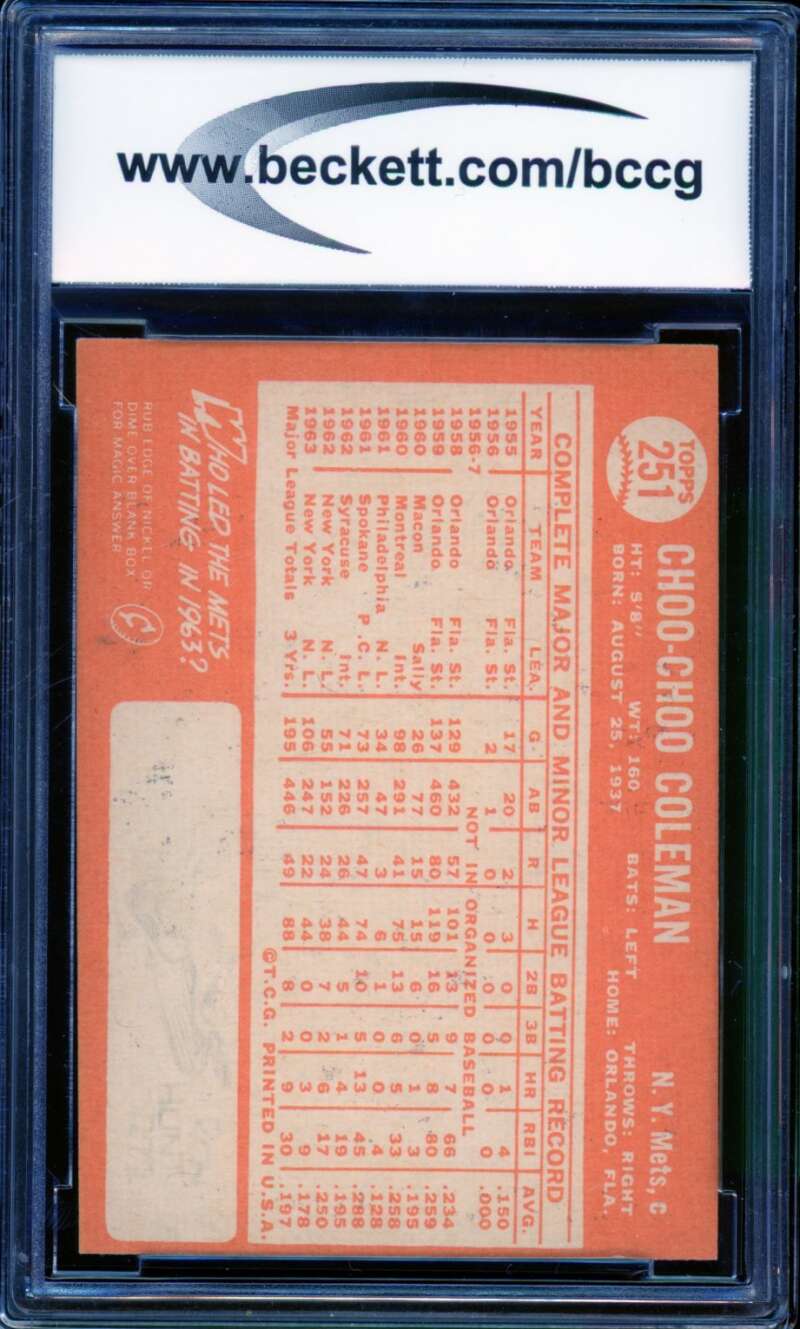 Choo Choo Coleman Card 1964 Topps #251 BGS BCCG 8 Image 2
