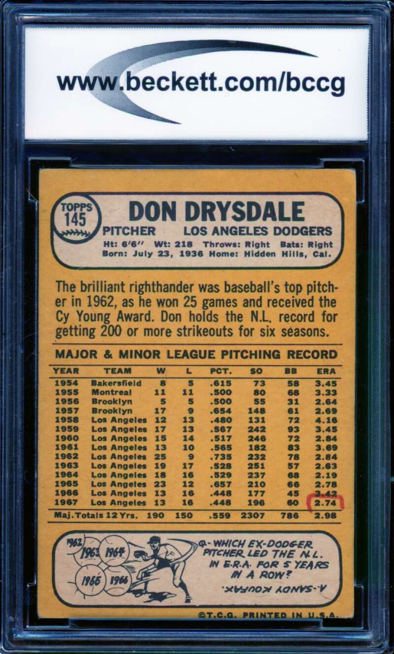 Don Drysdale Card 1968 Topps #145 BGS BCCG 7 Image 2