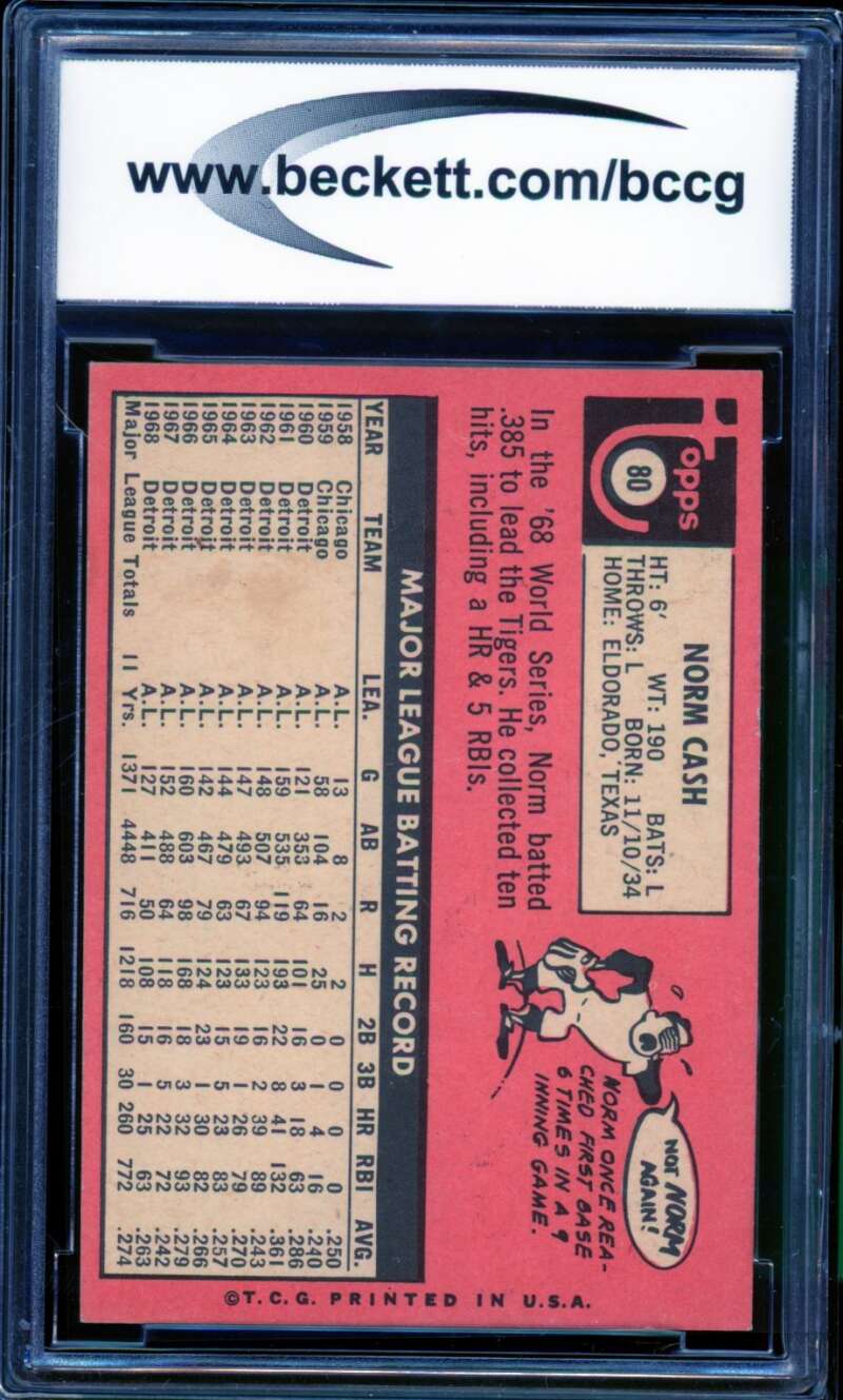 Norm Cash Card 1969 Topps #80 BGS BCCG 8 Image 2