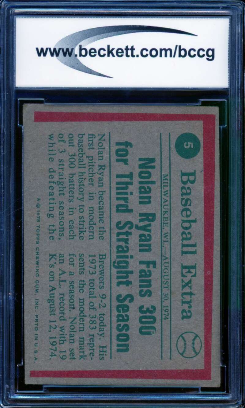 Nolan Ryan Card 1975 Topps #5 BGS BCCG 7 Image 2