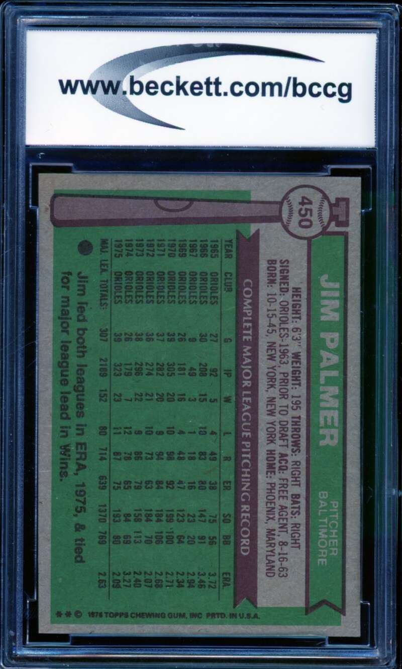 Jim Palmer Card 1976 Topps #450 BGS BCCG 8 Image 2