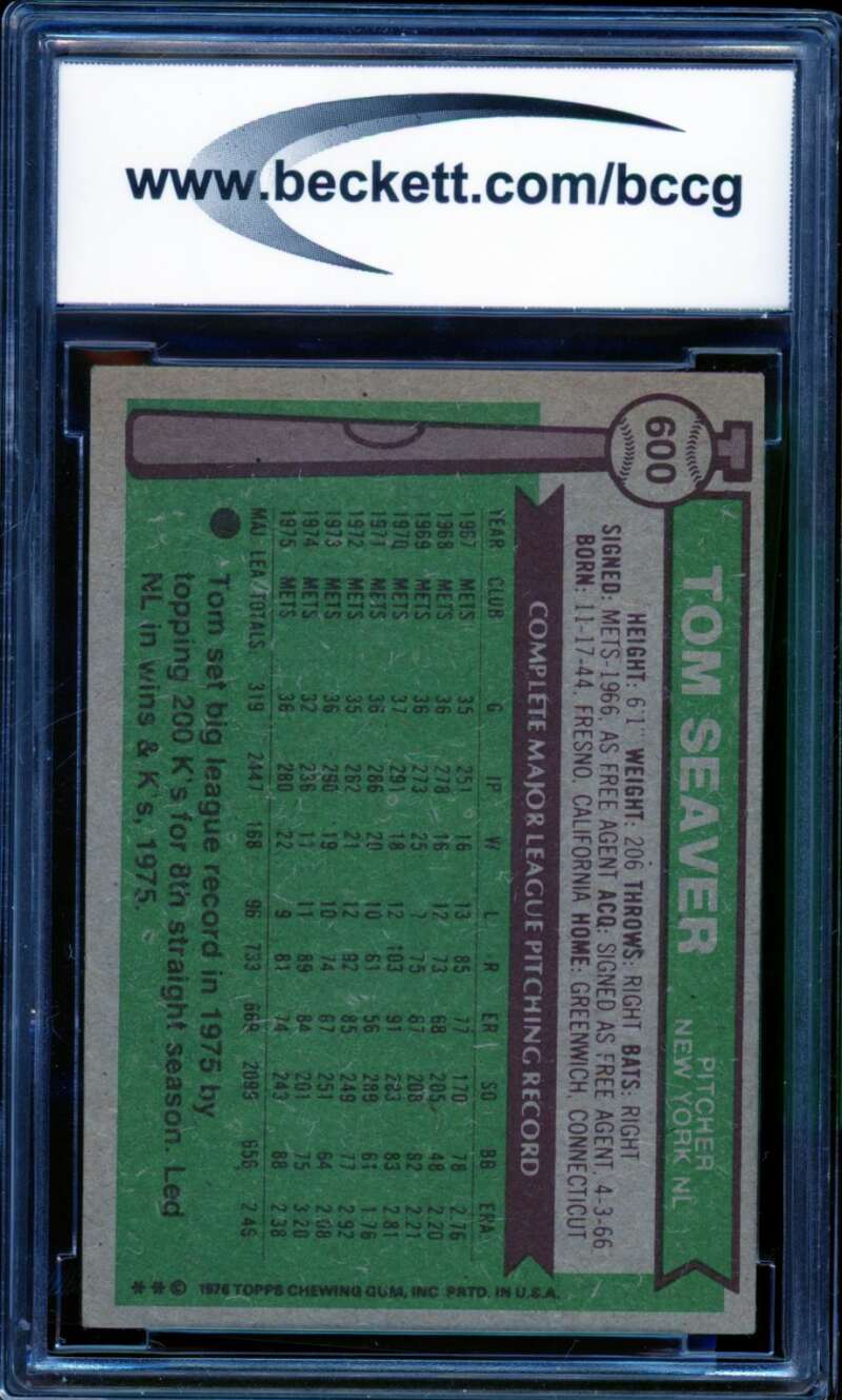 Tom Seaver Card 1976 Topps #600 BGS BCCG 7 Image 2