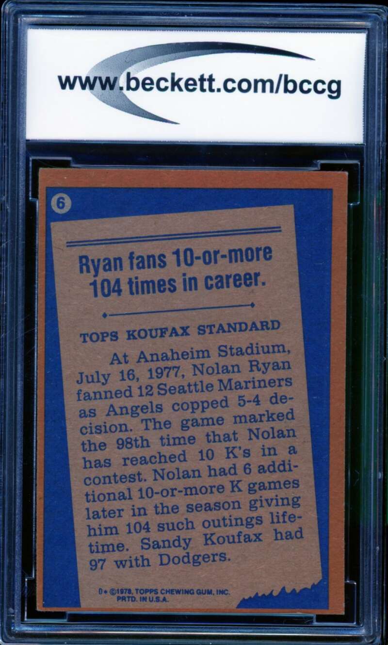 Nolan Ryan Card 1978 Topps #6 BGS BCCG 7 Image 2