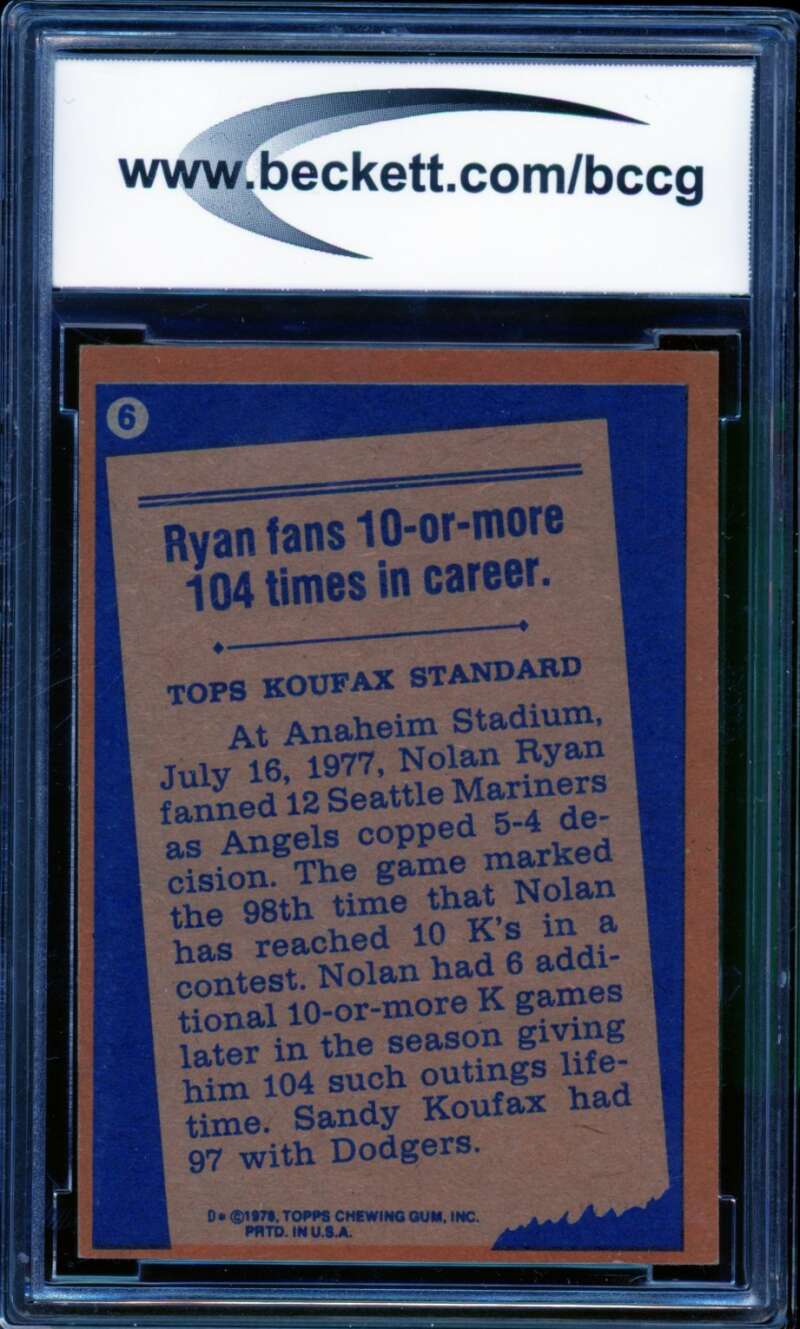 Nolan Ryan Card 1978 Topps #6 BGS BCCG 8 Image 2