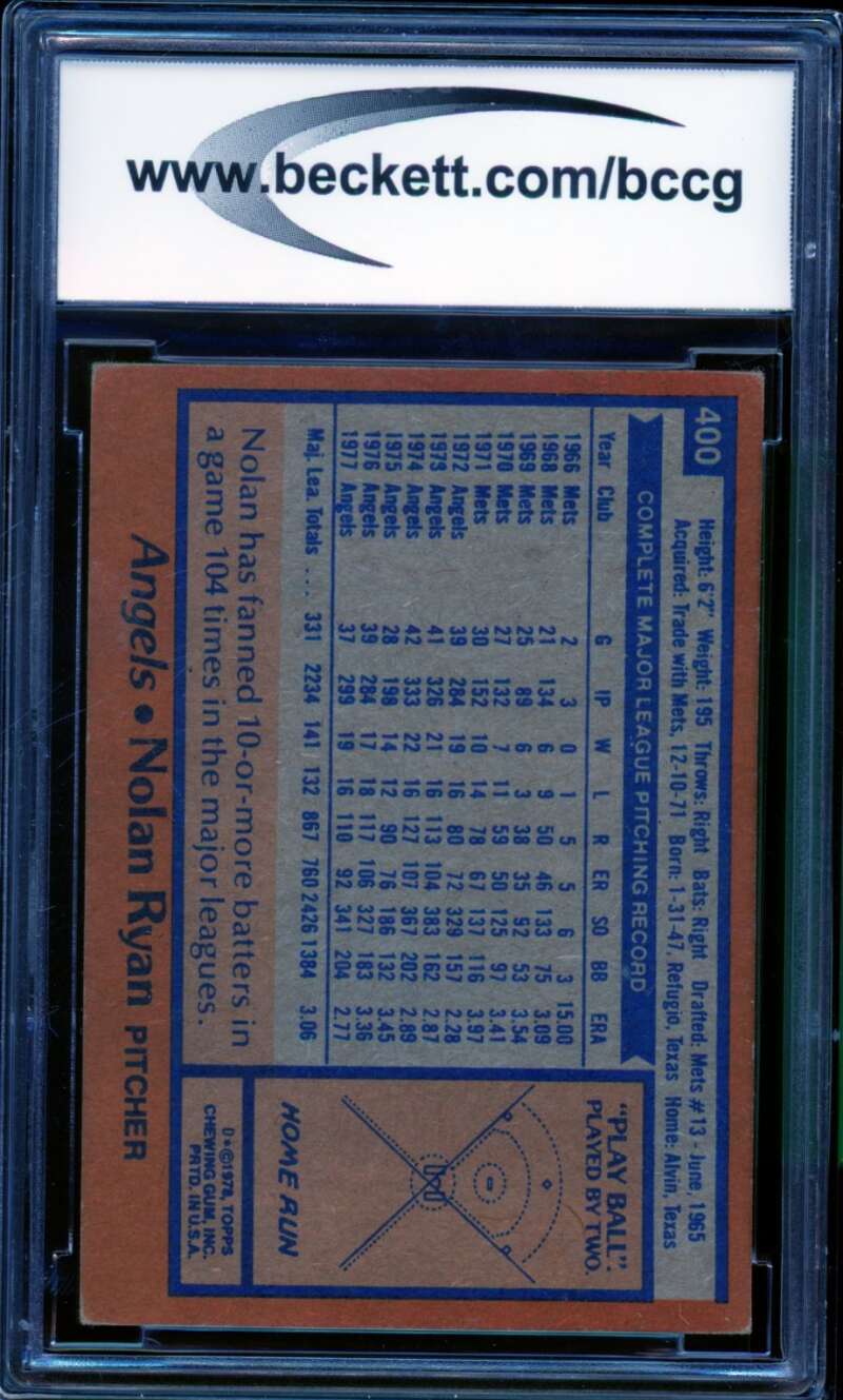 Nolan Ryan Card 1978 Topps #400 BGS BCCG 7 Image 2
