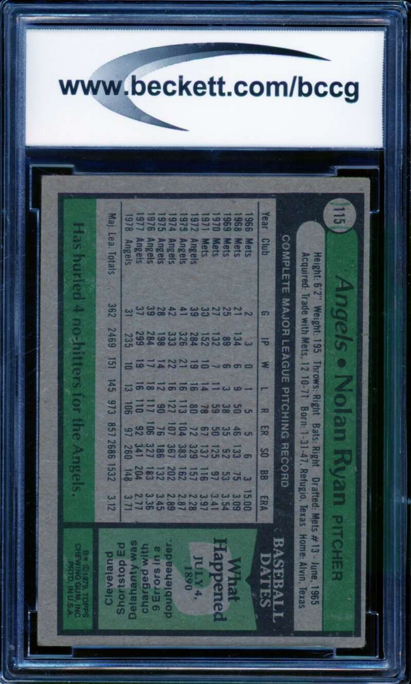 Nolan Ryan Card 1979 Topps #115 BGS BCCG 7 Image 2