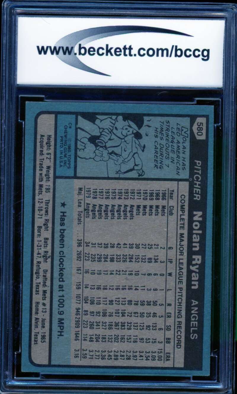 Nolan Ryan Card 1980 Topps #580 BGS BCCG 8 Image 2