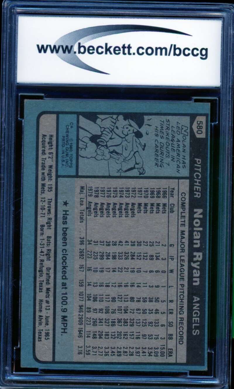 Nolan Ryan Card 1980 Topps #580 BGS BCCG 8 Image 2