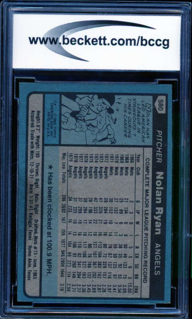 Nolan Ryan Card 1980 Topps #580 BGS BCCG 8 Image 2