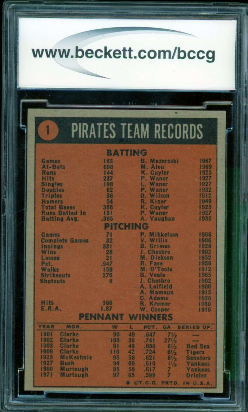 Pittsburgh Pirates Card 1972 Topps #1 BGS BCCG 7 Image 2
