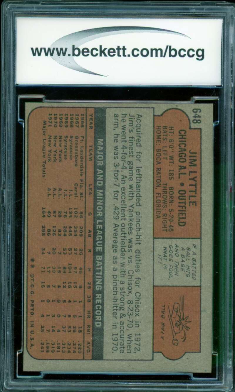 Jim Lyttle Card 1972 Topps #648 BGS BCCG 8 Image 2