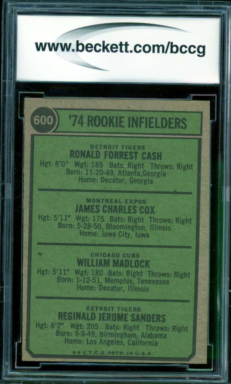 Ron Cash/Jim Cox/Bill Madlock/Reggie Sanders Rookie 1974 Topps #600 BGS BCCG 8 Image 2