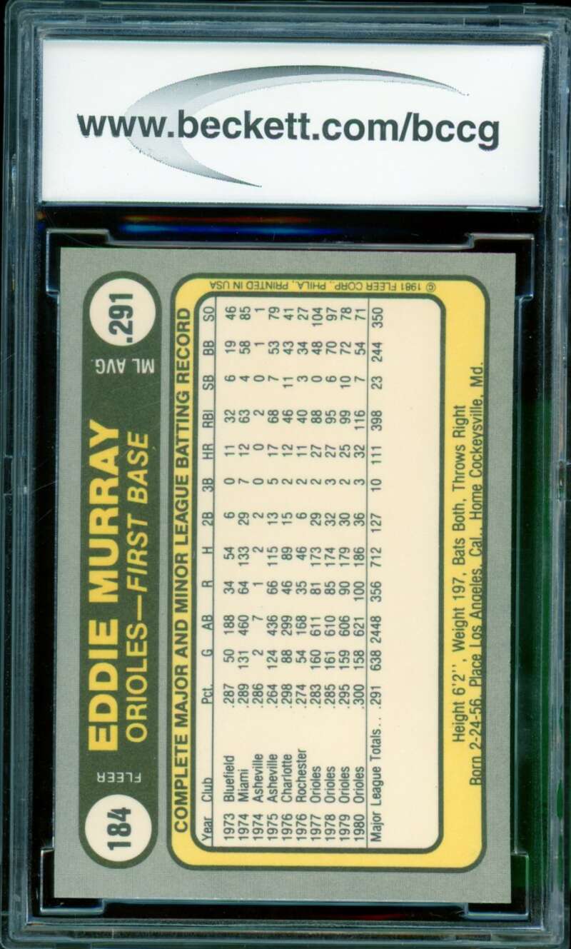Eddie Murray Card 1981 Fleer #184 BGS BCCG 9 Image 2