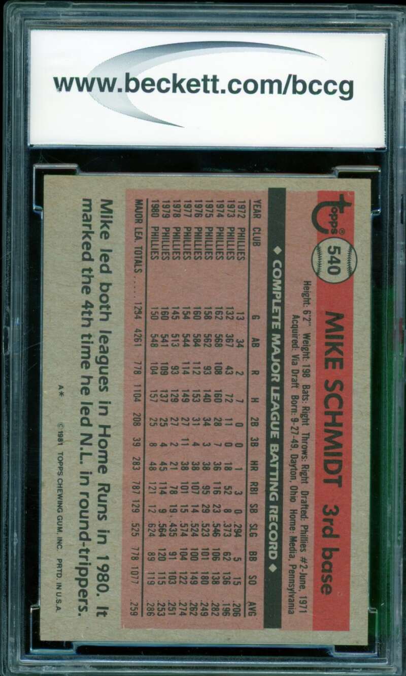 Mike Schmidt Card 1981 Topps #540 BGS BCCG 9 Image 2