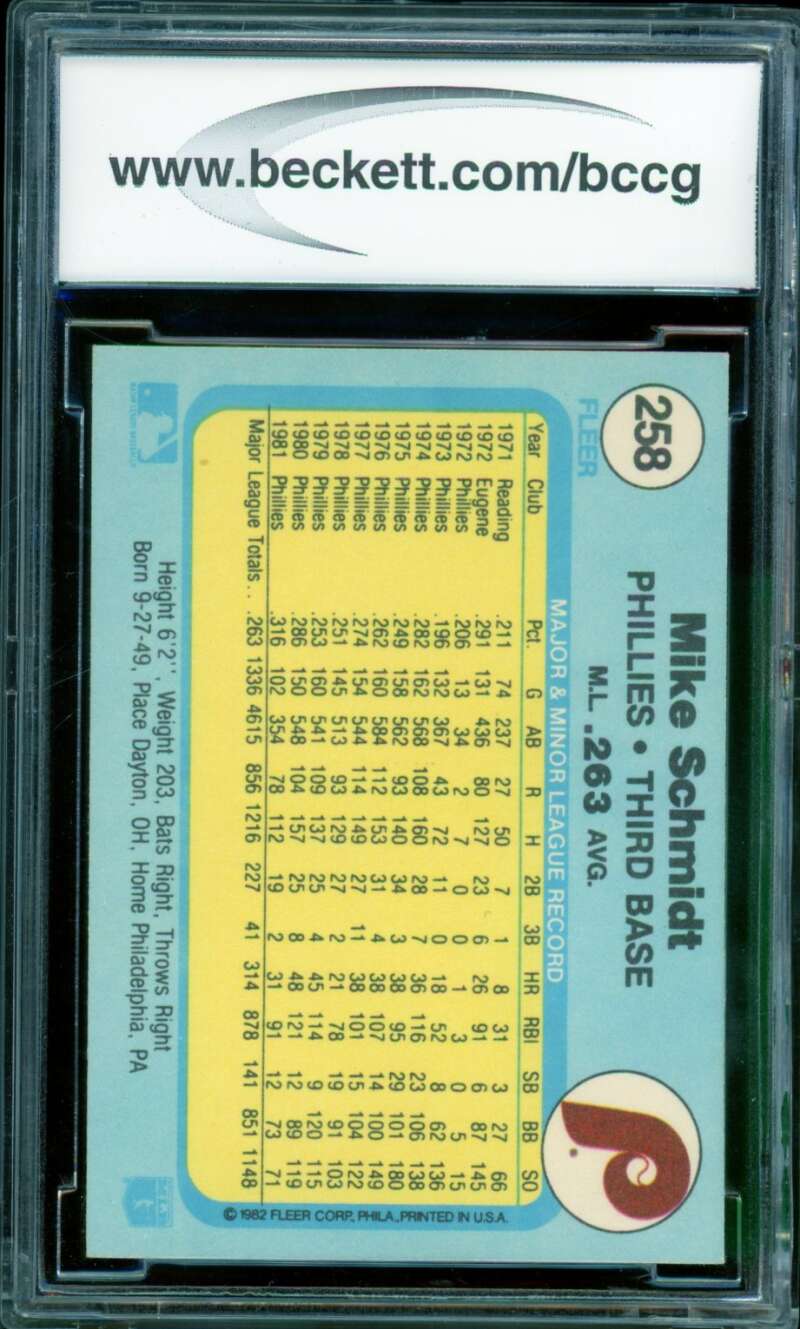 Mike Schmidt Card 1982 Fleer #258 BGS BCCG 9 Image 2