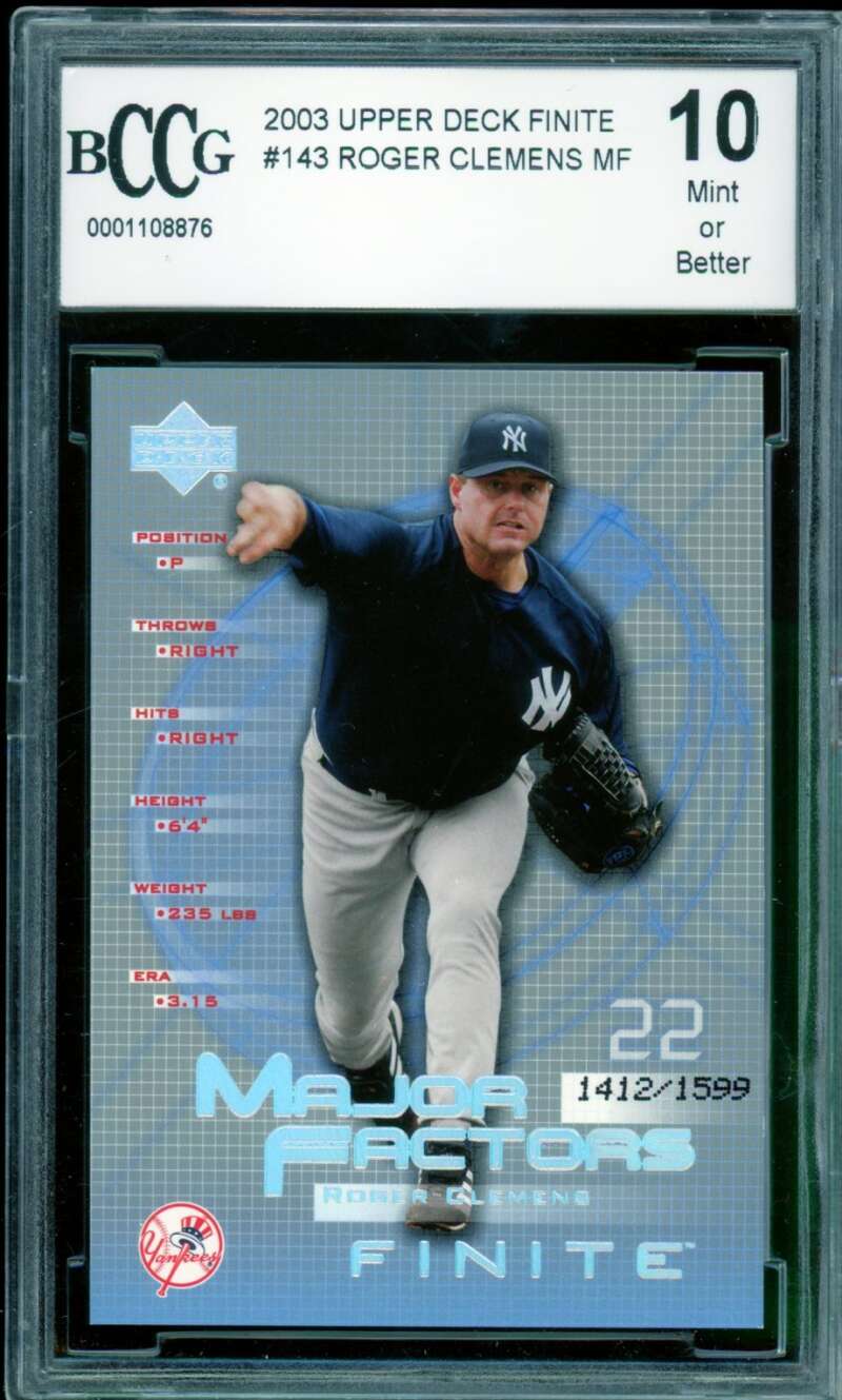 Roger Clemens Card 2003 Upper Deck Finite #143 BGS BCCG 10 Image 1