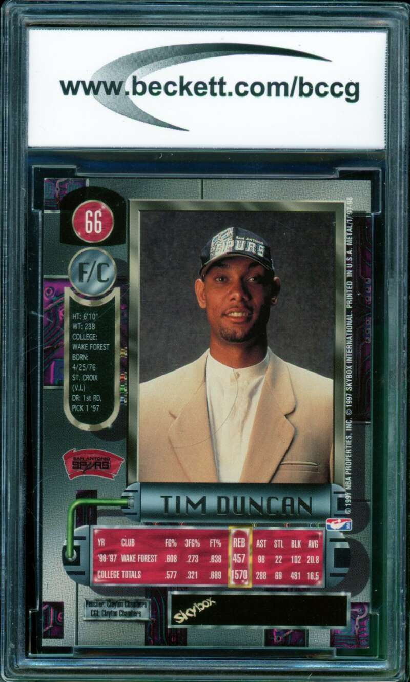 Tim Duncan Rookie Card 1997-98 Metal Universe #66 BGS BCCG 9 Image 2