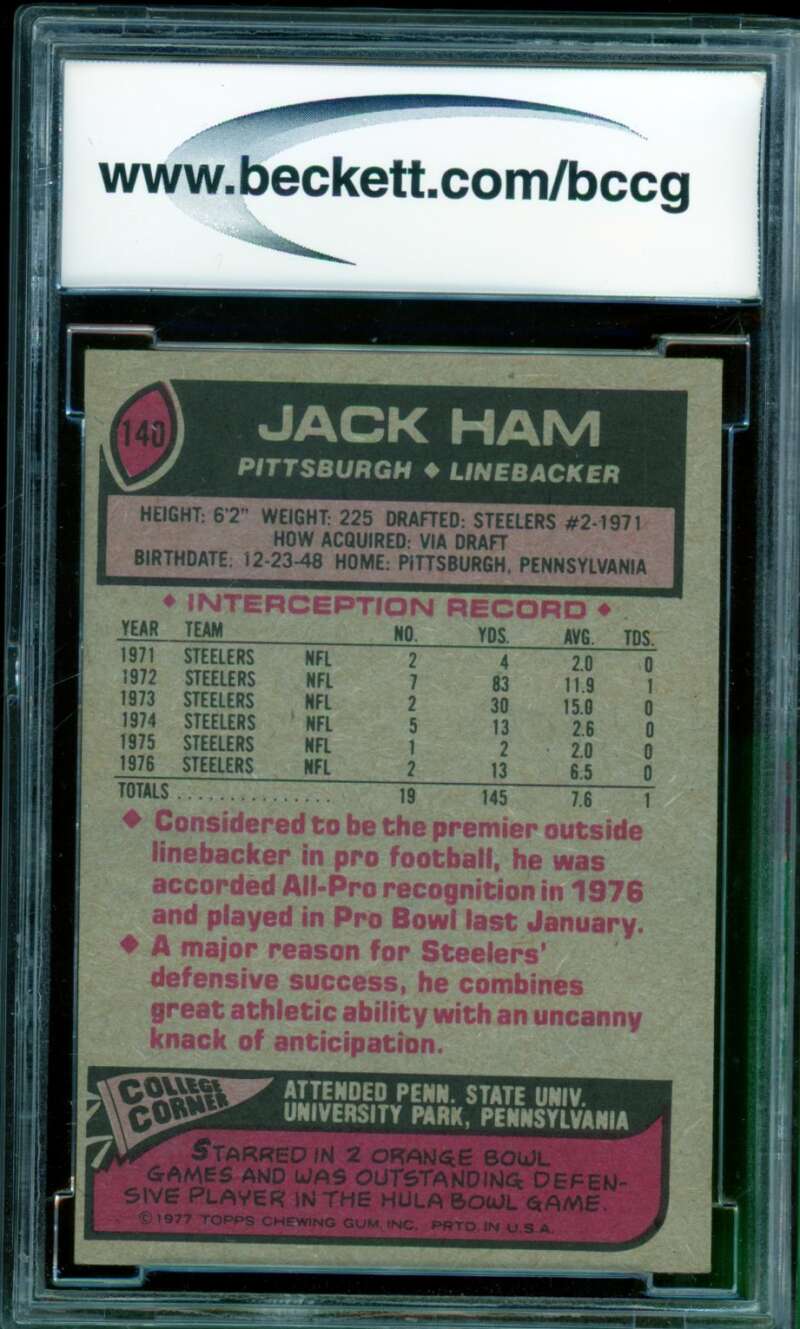 Jack Ham Card 1977 Topps #140 BGS BCCG 9 Image 2