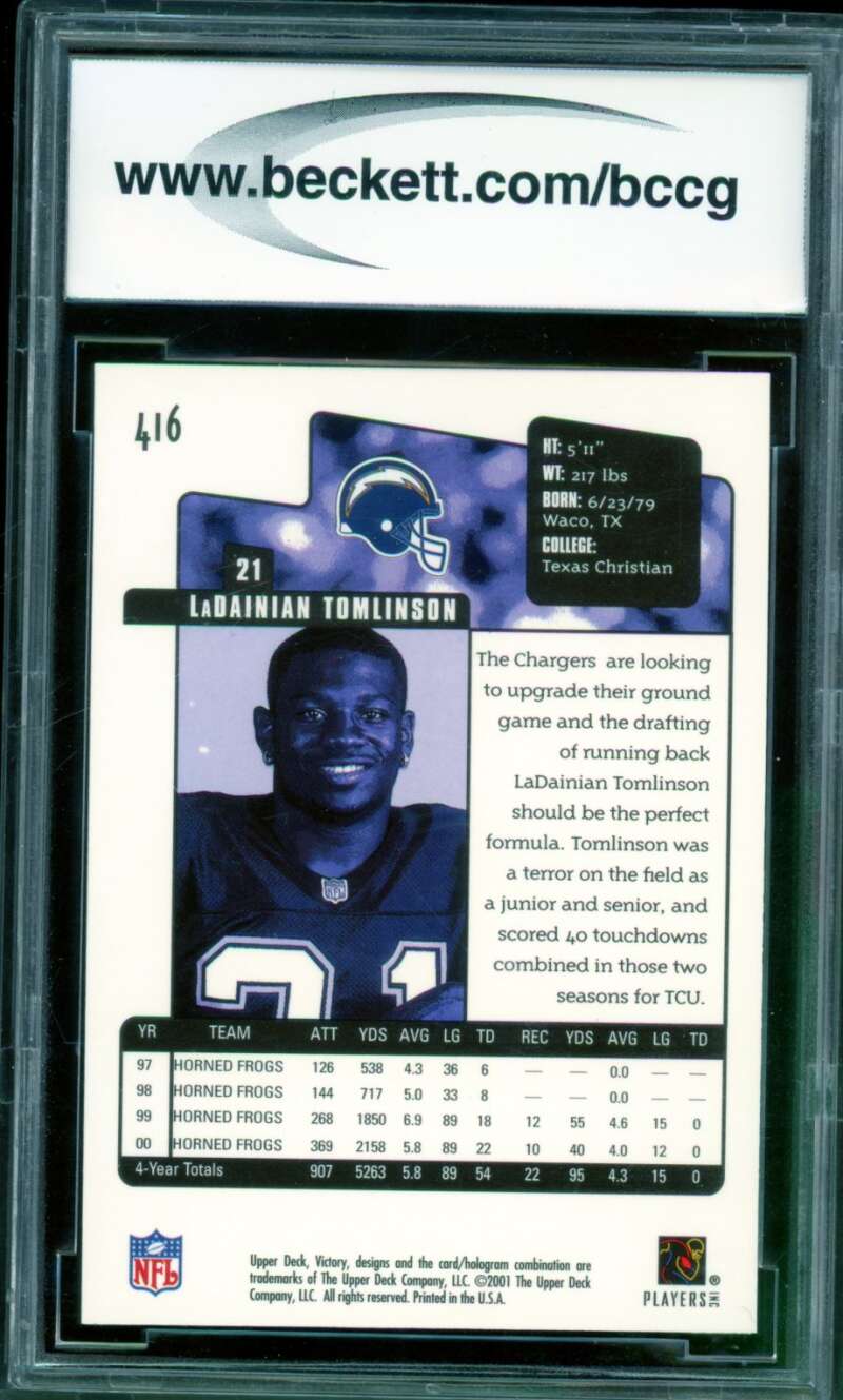 LaDainian Tomlinson Rookie Card 2001 Upper Deck Victory #416 BGS BCCG 9 Image 2