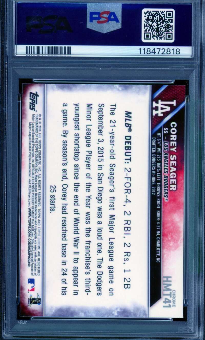 Corey Seager Rookie Card 2016 Topps Chrome Update #HMT41 PSA 10 Image 2