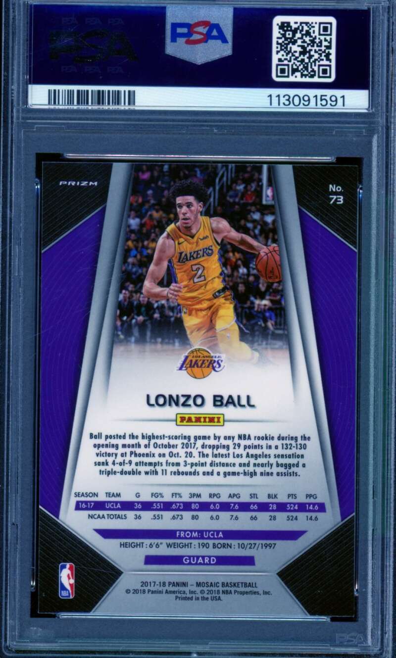 Lonzo Ball Rookie Card 2017-18 Panini Prizm #73 PSA 10 Image 2