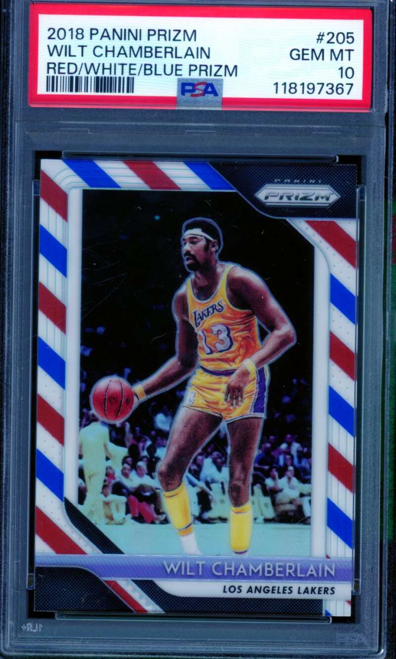 Wilt Chamberlain Card 2018-19 Panini Prizm Red/White/Blue #205 PSA 10 Image 1