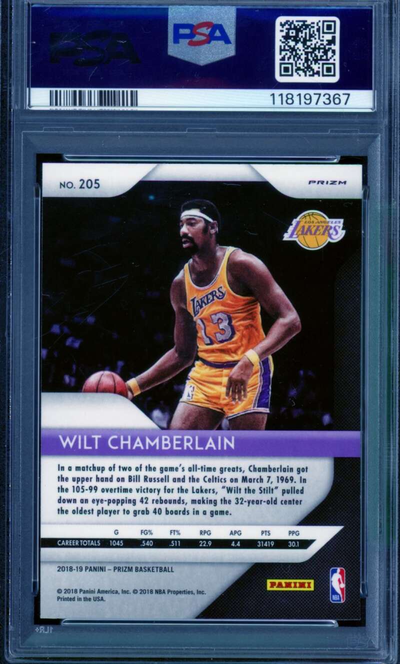Wilt Chamberlain Card 2018-19 Panini Prizm Red/White/Blue #205 PSA 10 Image 2