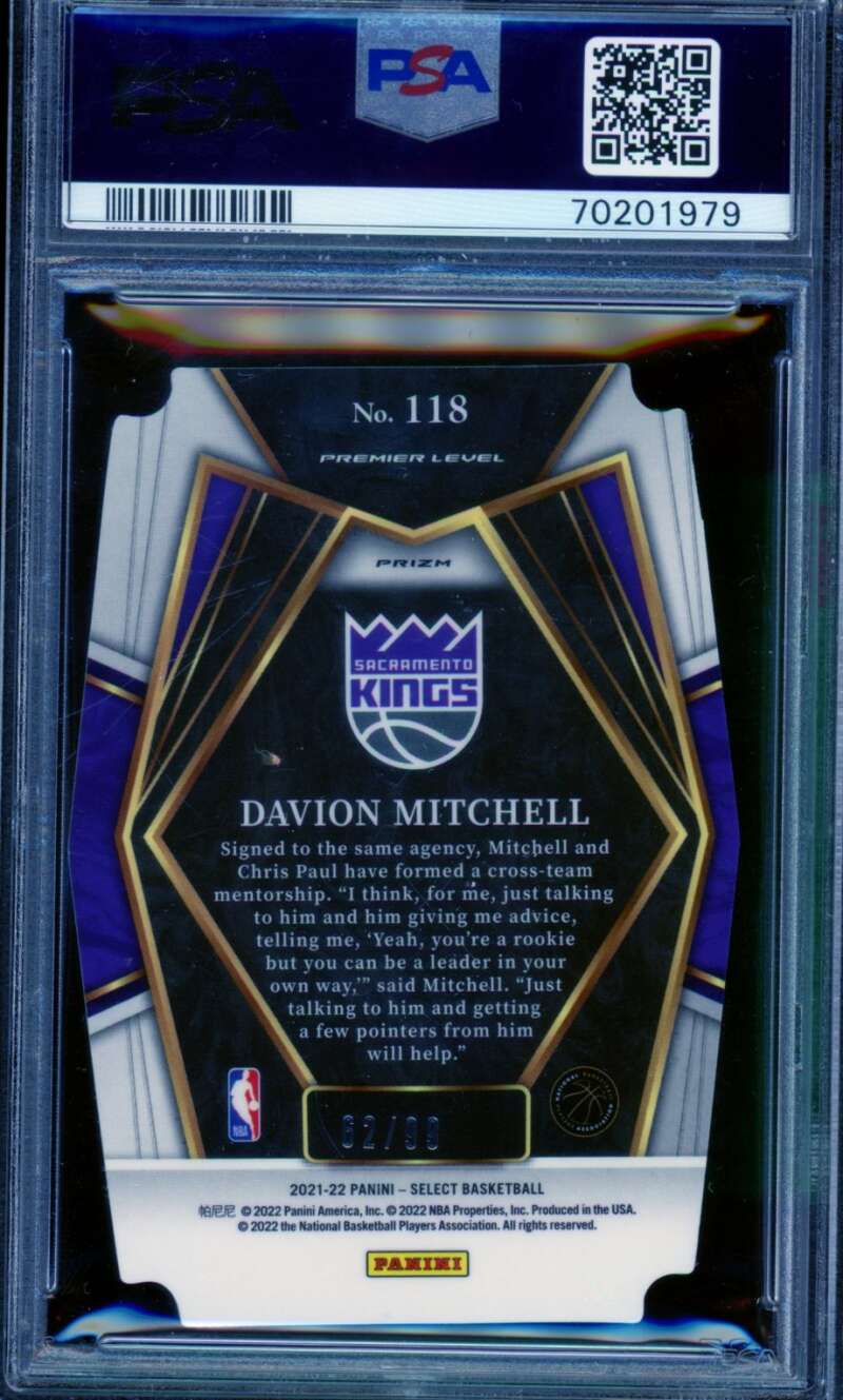 Davion Mitchell Rookie 2021-22 Select Purple Die Cut Prizm (pop 3) #118 PSA 10 Image 2