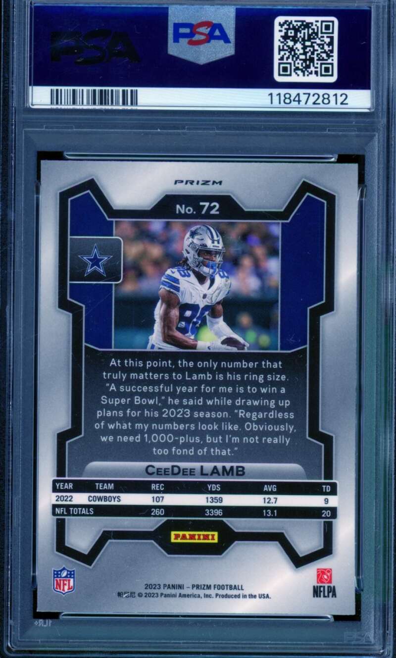 CeeDee Lamb Card 2023 Panini Prizm Black White Checker #72 PSA 10 Image 2