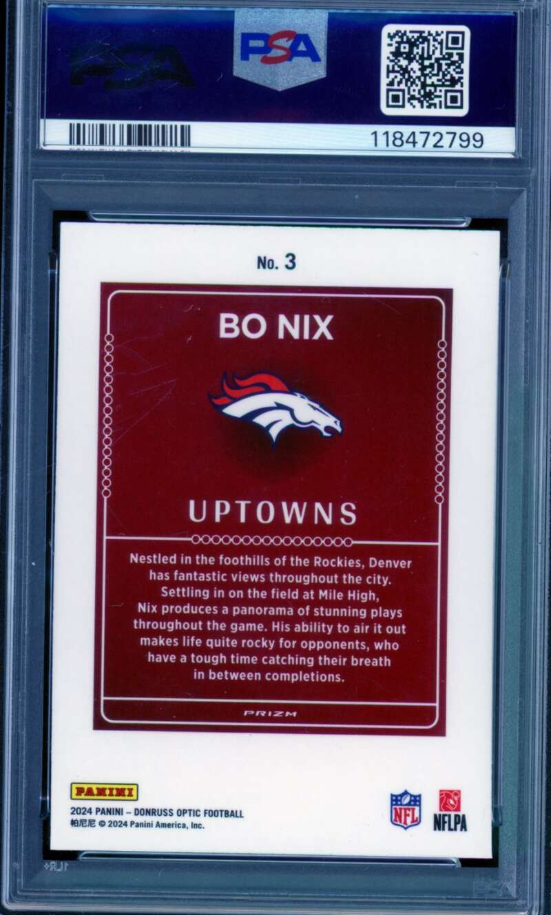 Bo Nix Rookie Card 2024 Donruss Optic Uptowns #3 PSA 10 Image 2