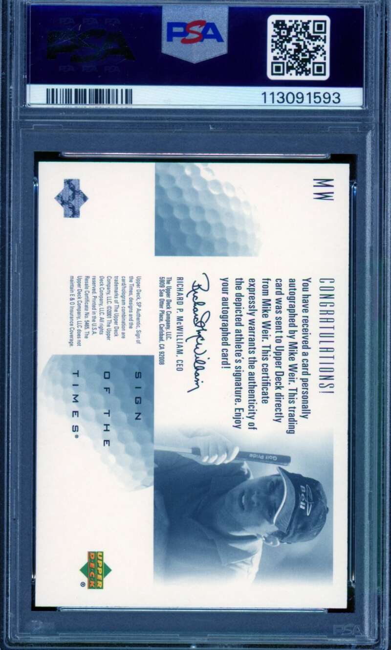 Mike Weir Rookie Card 2001 SP Authentic Sign Of The Times #MW PSA 9 Image 2