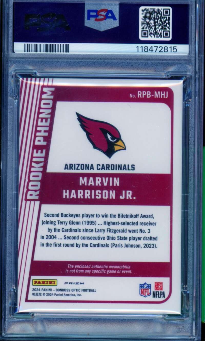 Marvin Harrison Jr. Rookie Card 2024 Donruss Optic Phenoms Relic #Rpbmhj PSA 10 Image 2