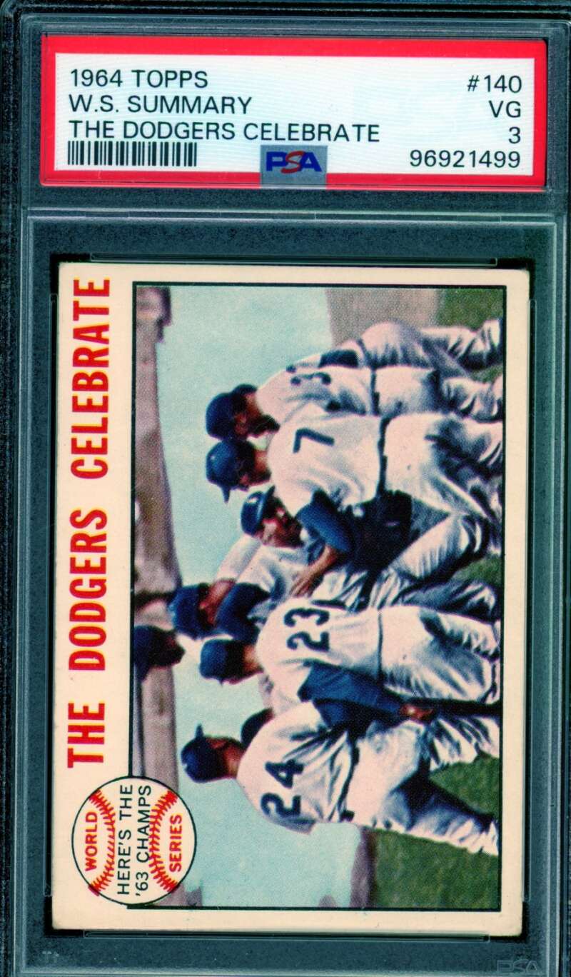 W.S. Summary The Dodgers Celebrate Card 1964 Topps #140 PSA 3 Image 1