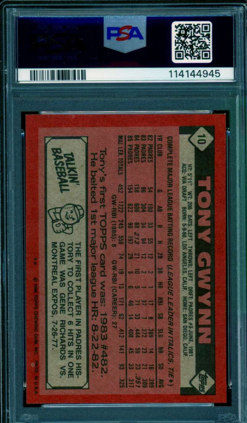 Tony Gwynn Card 1986 Topps #10 PSA 9 Image 2