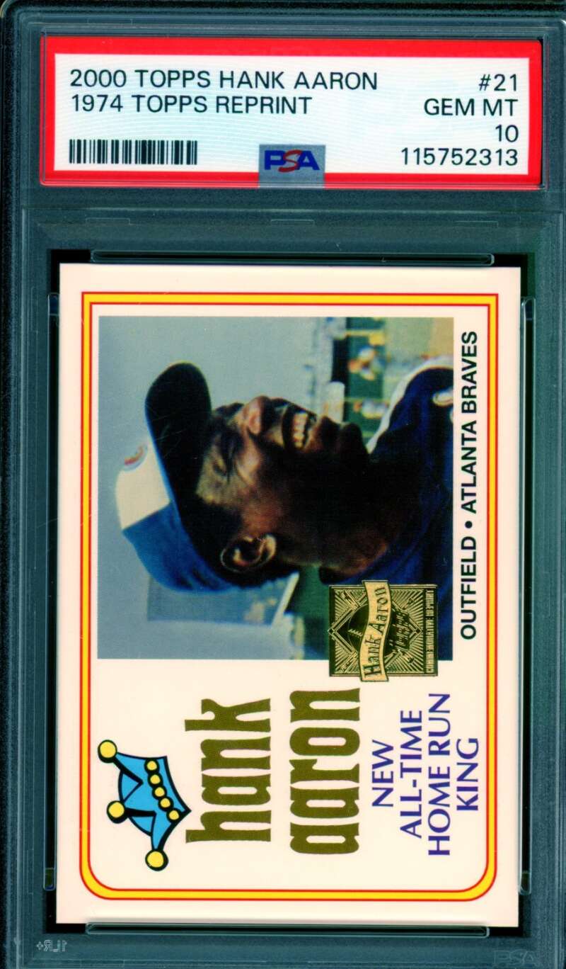 Hank Aaron Card 2000 Topps 1974 Topps Reprint (pop 9) #21 PSA 10 Image 1