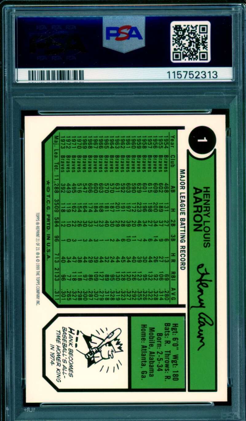 Hank Aaron Card 2000 Topps 1974 Topps Reprint (pop 9) #21 PSA 10 Image 2