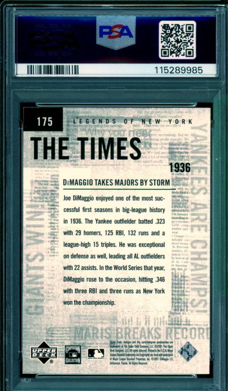 Joe Dimaggio Card 2001 UD Legends Of New York (pop 2) #175 PSA 9 Image 2