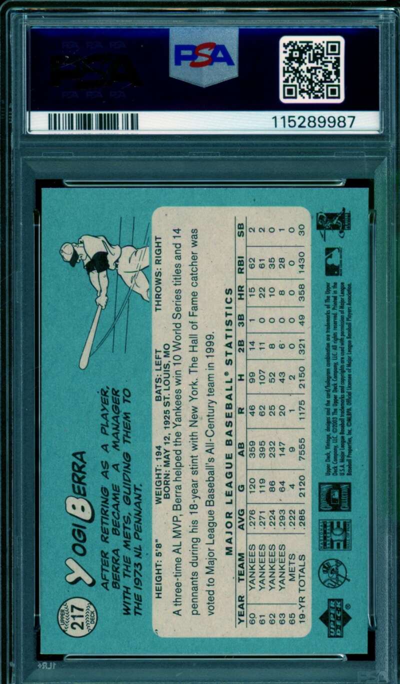 Yogi Berra Card 2003 U.D. Vintage (pop 2) #217 PSA 9 Image 2