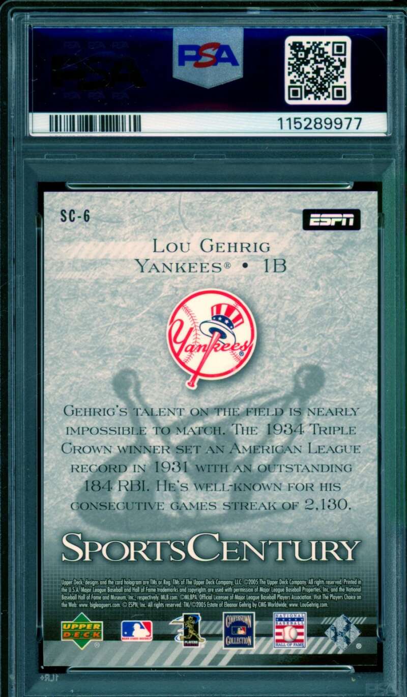 Lou Gehrig Card 2005 U.D. ESPN Sports Century (pop 2) SC-6 PSA 10 Image 2