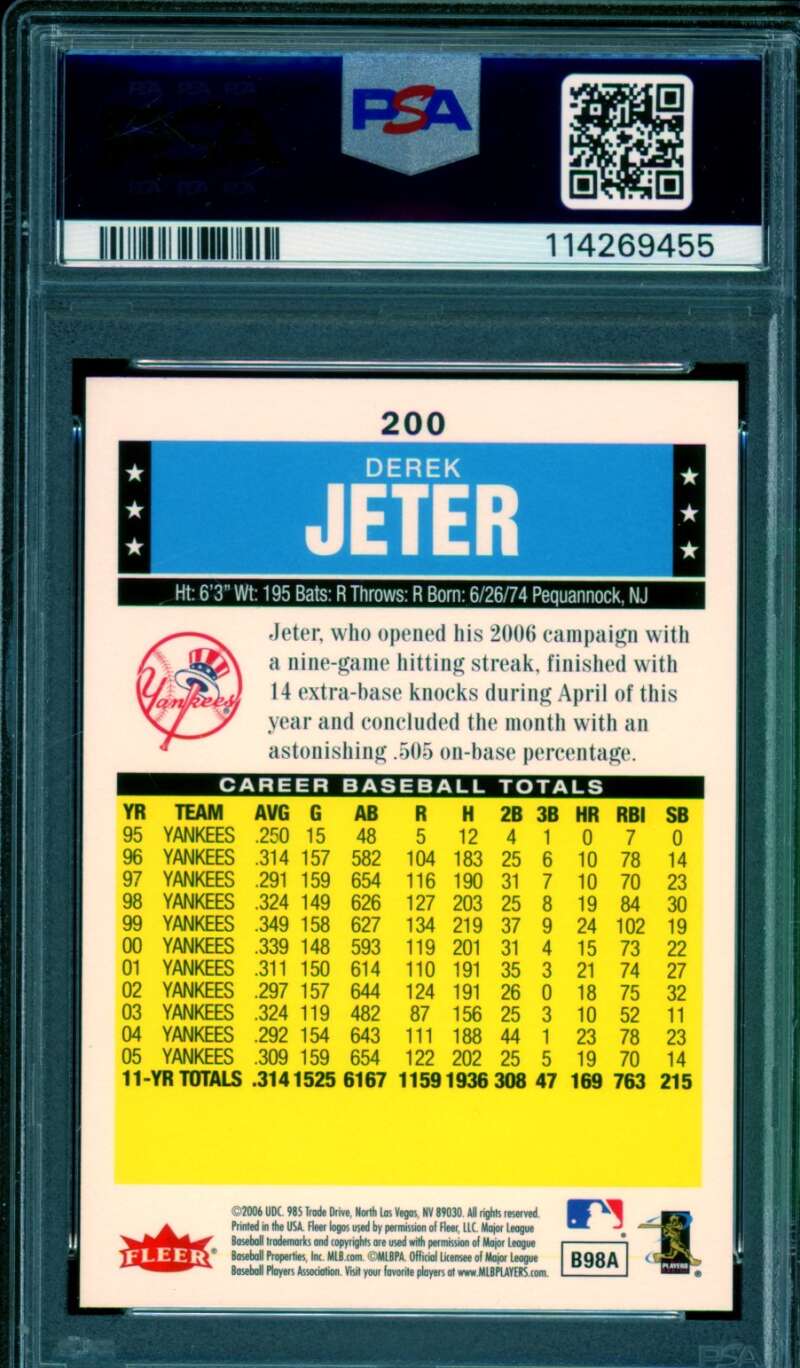 Derek Jeter Card 2006 Fleer Tradition #200 PSA 10 Image 2
