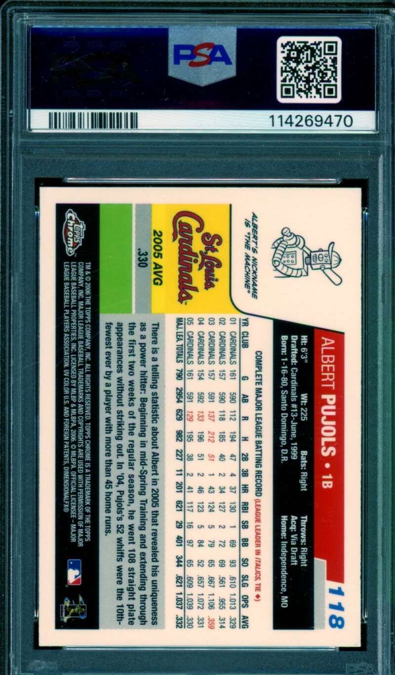 Albert Pujols Card 2006 Topps Chrome #118 PSA 10 Image 2