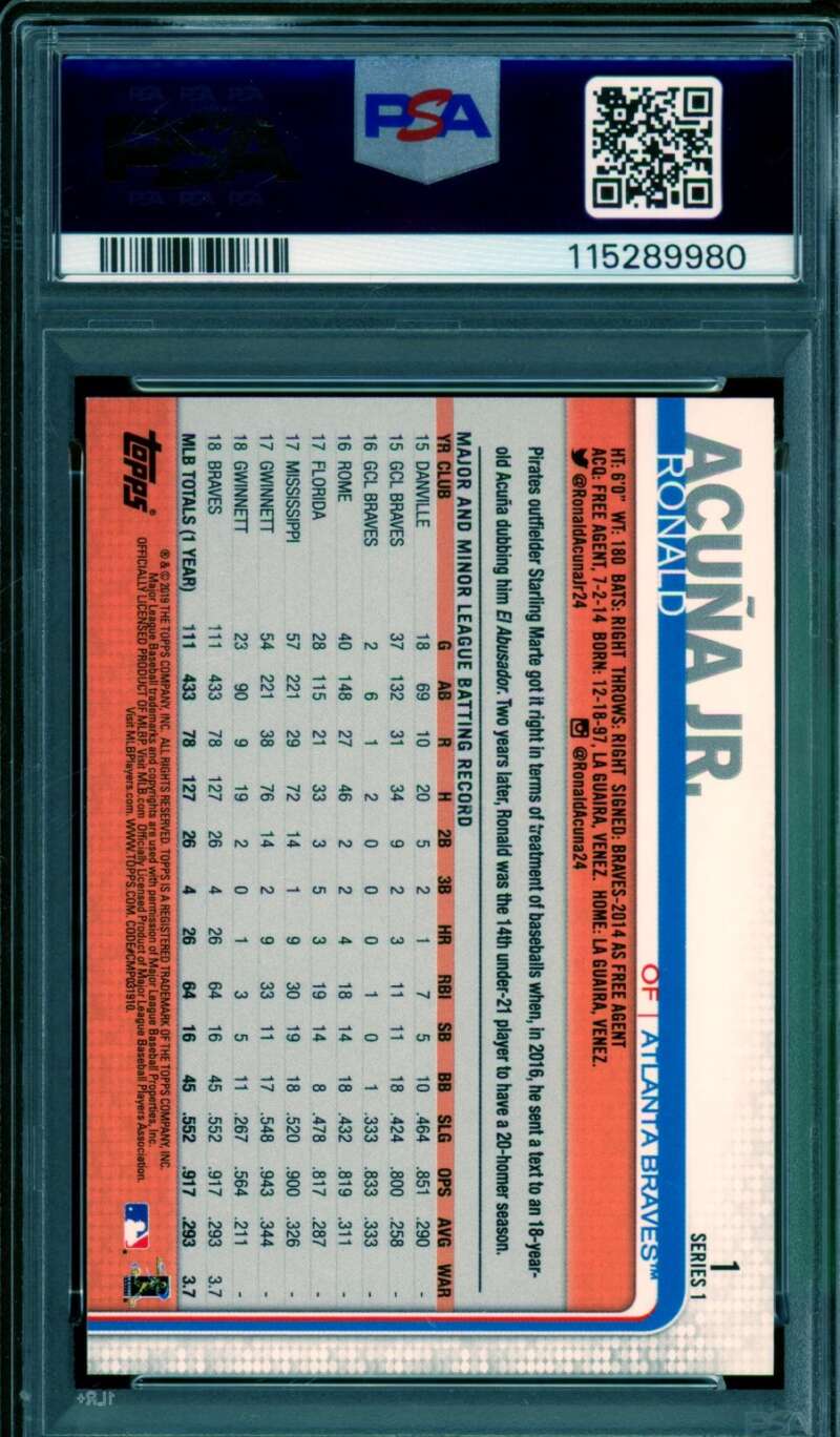 Ronald Acuna Jr. Card 2019 Topps #1 PSA 9 Image 2