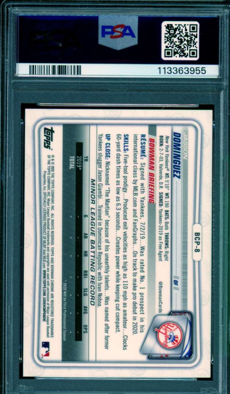 Jasson Dominguez Rookie Card 2020 Bowman Chrome #BCP8 PSA 9 Image 2