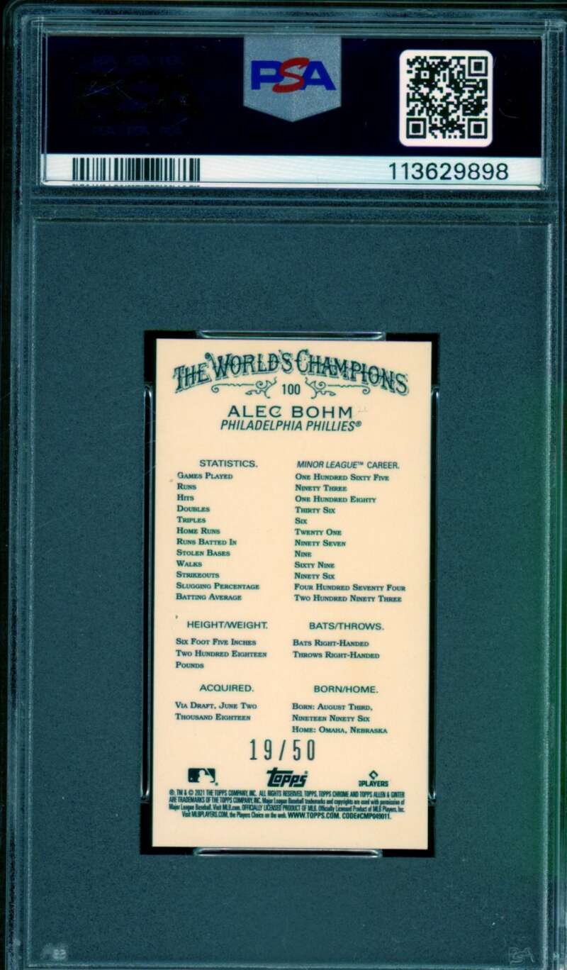 Alec Bohm Rookie 2021 Topps Allen Ginter Chrome Mini Gold Ref (19/50) #100 PSA 9 Image 2