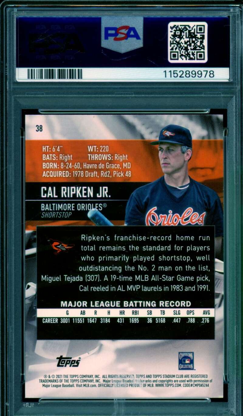 Cal Ripken Jr. Card 2021 Stadium Club Black Foil (pop 1) #38 PSA 9 Image 2